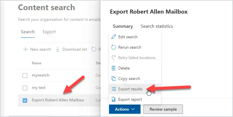 Export results option under the Actions menu