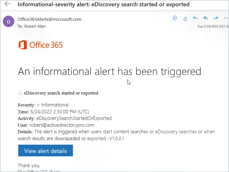 Email alert generated by running a content search
