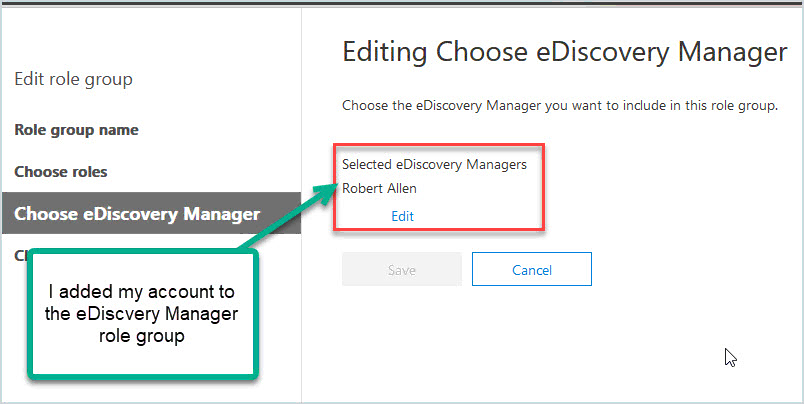eDiscovery Manager role group members in the compliance center