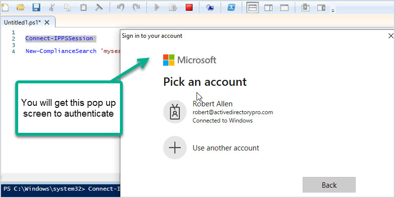 Connect-IPPSSession running in a PowerShell window