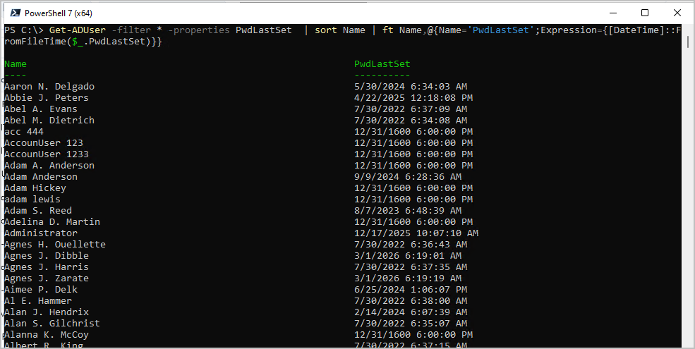 PowerShell listing each user with their password last set date