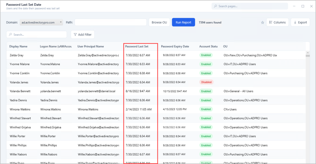 Password Last Set Date report listing every user's last change
