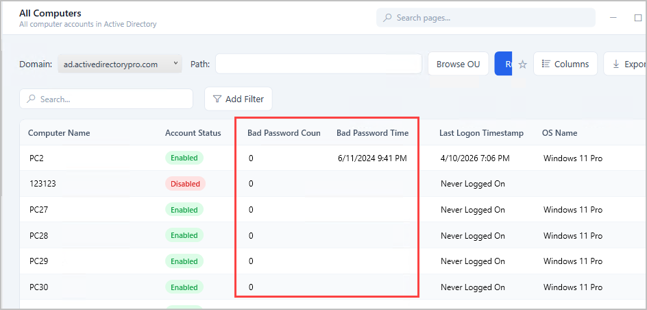 Computer report with the bad password count and time columns added