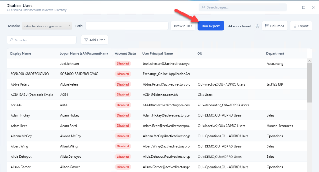 find disabled users with AD Pro Toolkit