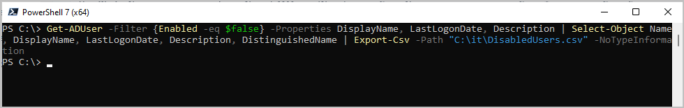 PowerShell exporting disabled users to a CSV file