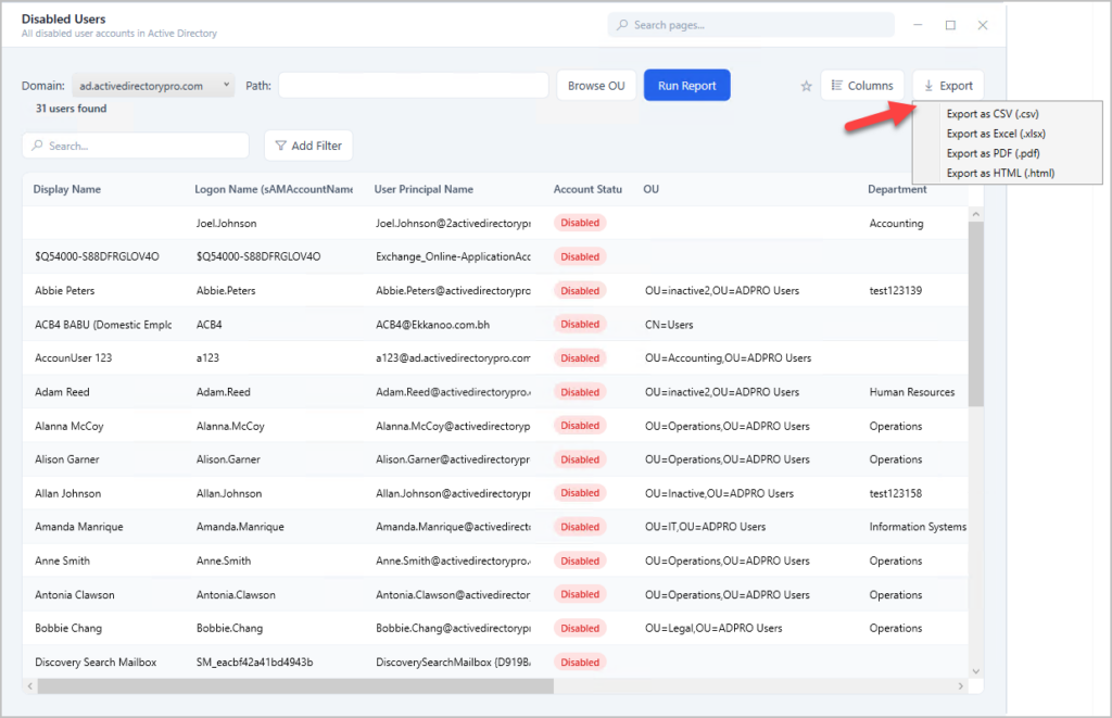 Disabled Users report with the export button