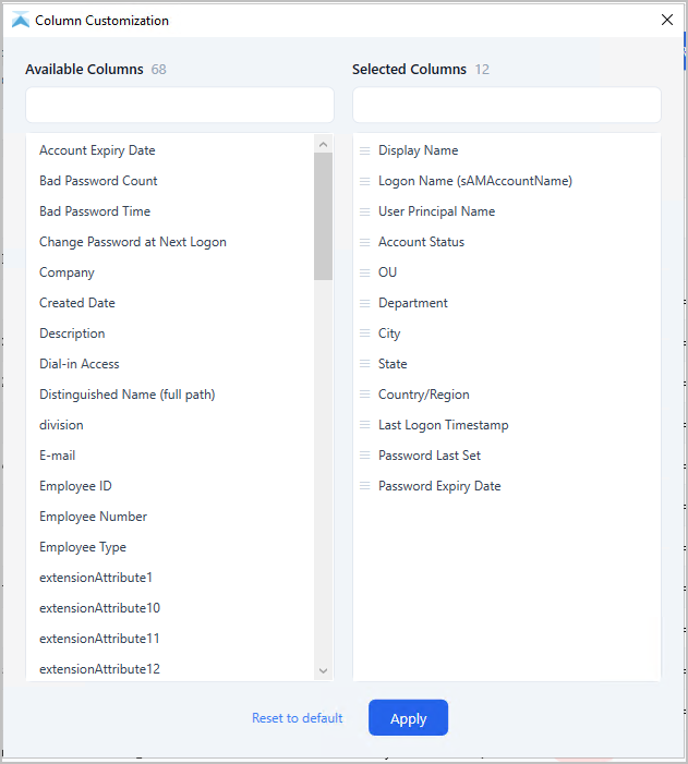 Column picker for adding more user attributes to the export