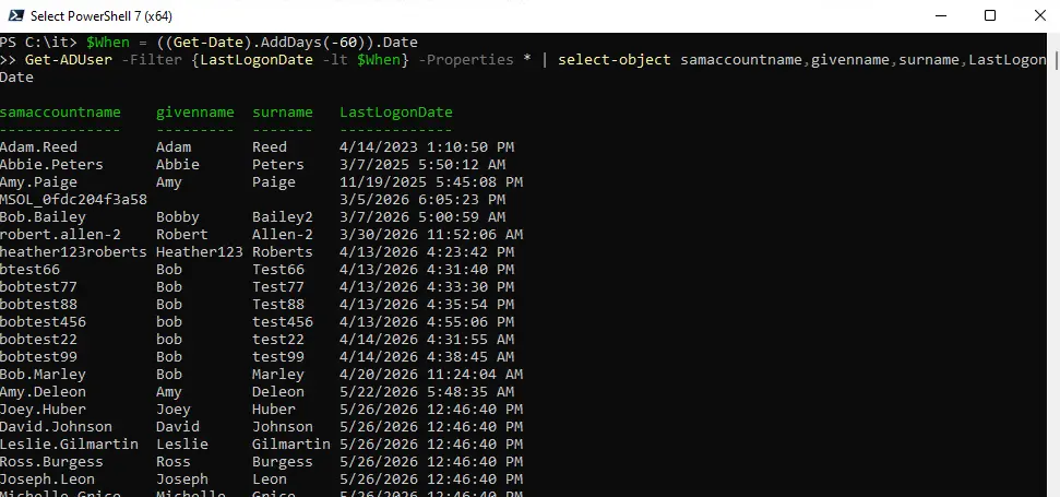 PowerShell output listing inactive accounts with their LastLogonDate