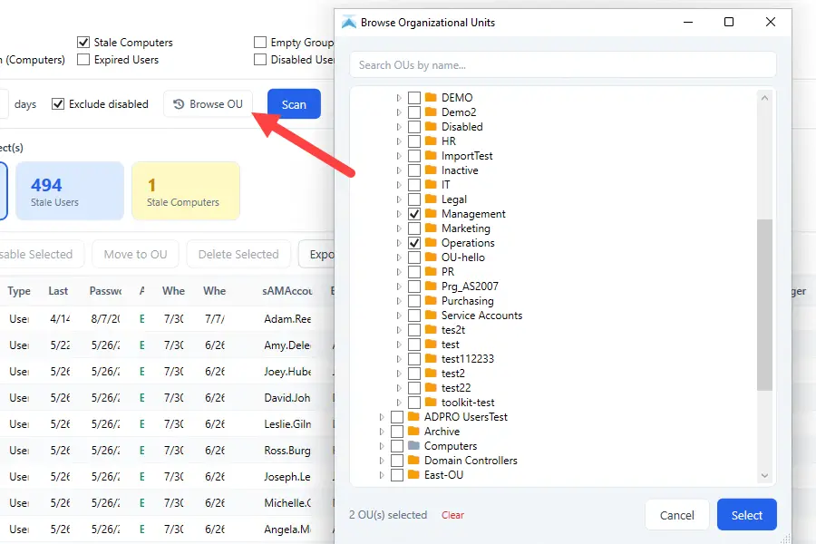 AD Cleanup Tool scanning a single OU for inactive accounts