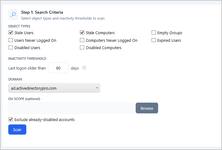 AD Cleanup tool with the object types and inactivity threshold selected