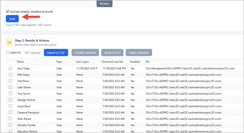 Scan results listing the inactive accounts found in the domain