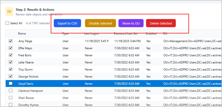 Cleanup actions available for a selected stale account