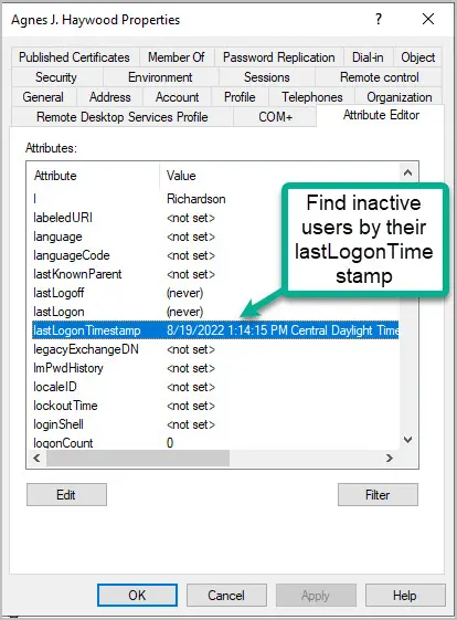 Attribute Editor showing a lastLogonTimestamp value from over a year ago
