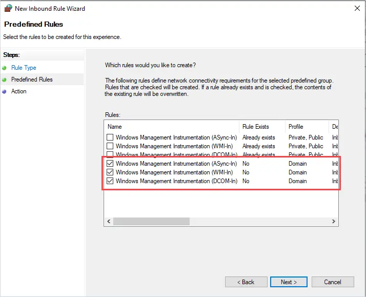 Windows Firewall inbound rules with the WMI rule enabled for the domain profile