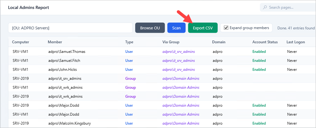 export a list of local administrators to csv