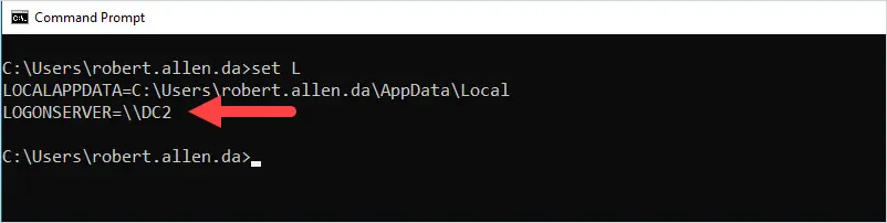 set l output showing the logonserver variable and the domain controller name