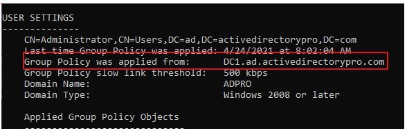 gpresult user settings section listing its own applying domain controller