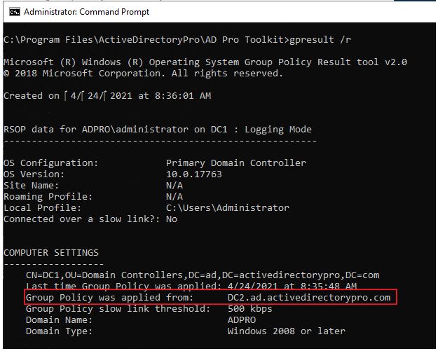 gpresult computer settings showing which domain controller applied policy