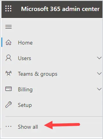Admin center left menu with Show all expanded