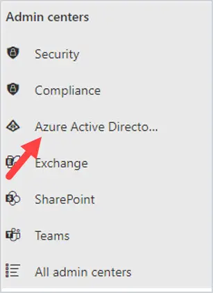 Admin centers list with Azure Active Directory selected