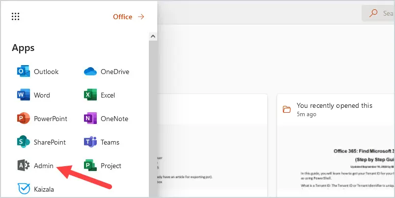 Office portal home with Admin selected in the left navigation
