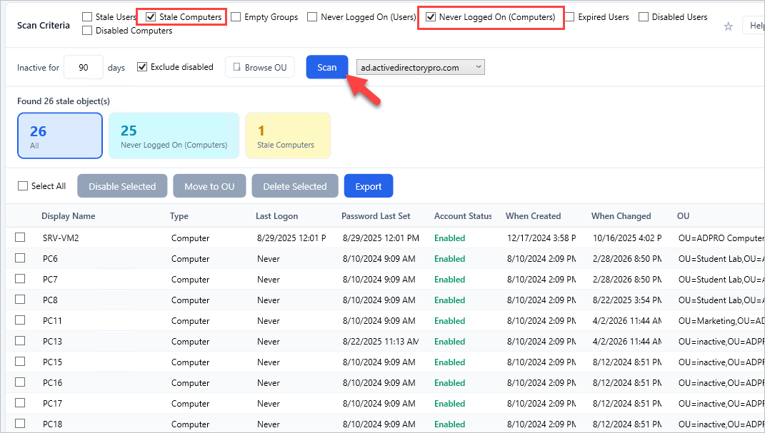 AD Cleanup tool with the scan criteria and inactive time period set
