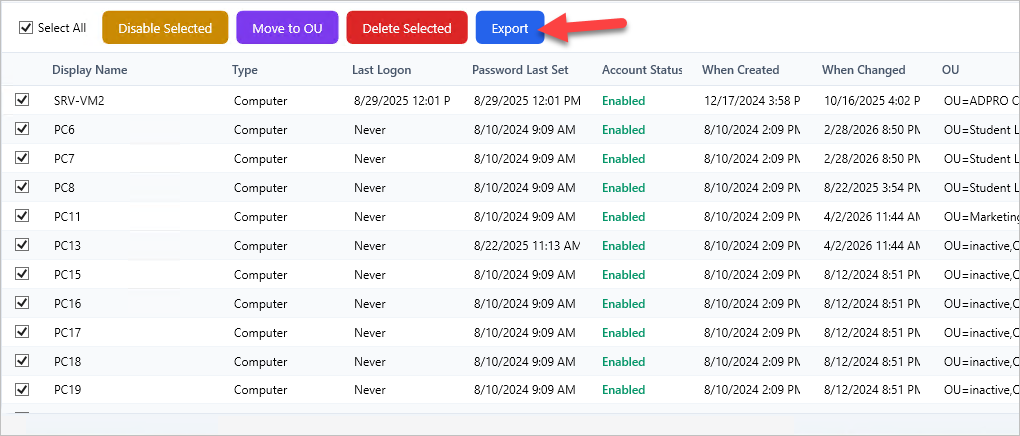Inactive computer selected with the disable, move, delete, and export actions