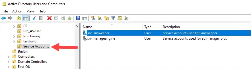 Organizational unit created to hold all service accounts