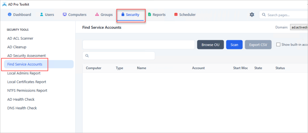 Find Service Accounts tool ready to scan the domain's computers