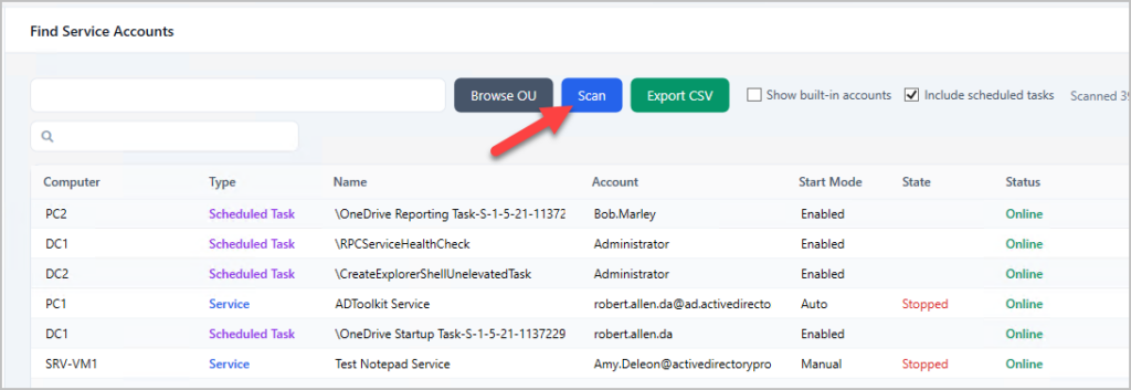 Browse OU button for scanning a specific organizational unit