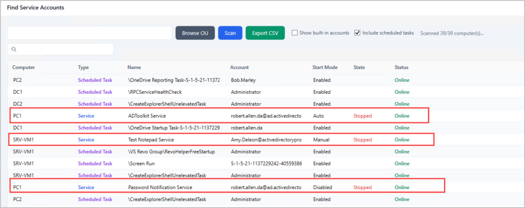 Scan results showing which computer each service account is running a service on
