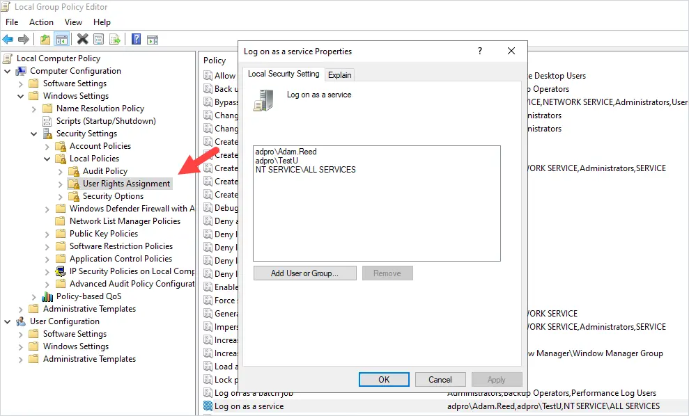 Two domain accounts granted the Log on as a service right
