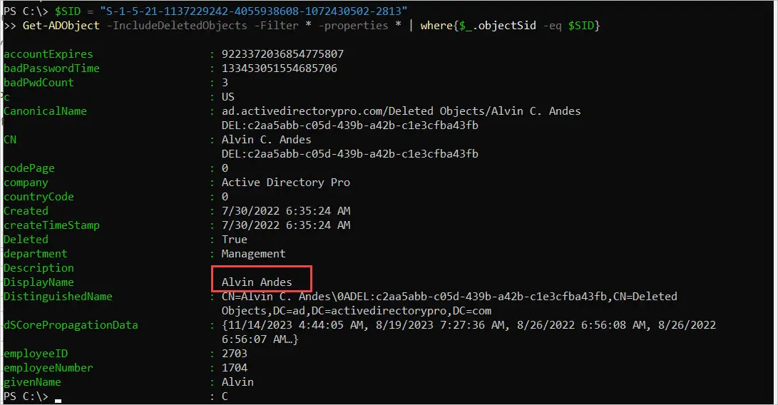 find sid of deleted user account