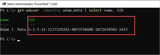 Get-ADUser output with the user's SID highlighted