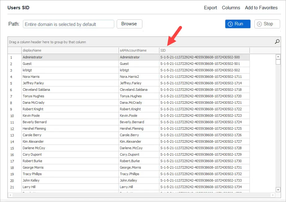 Users SID report listing every account with its SID
