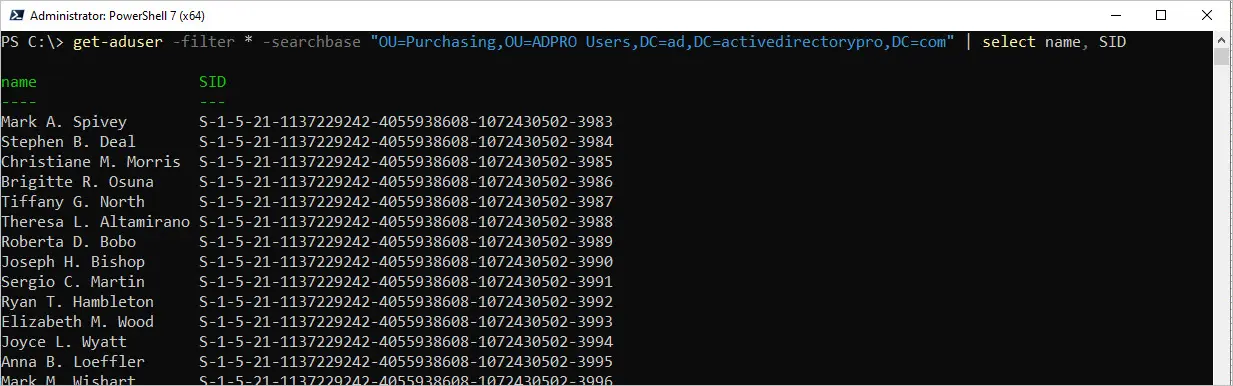 get sid from users in an ou