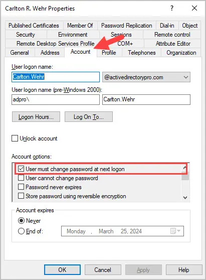 aduc user must change password