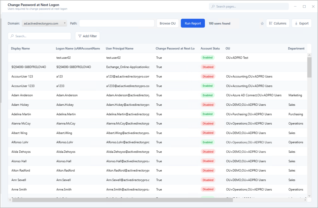 change password at next logon status report