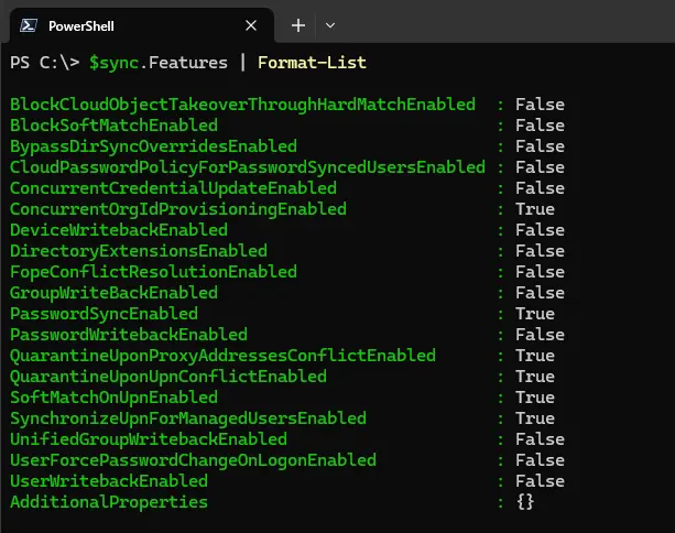PowerShell listing the enabled Entra Connect sync features