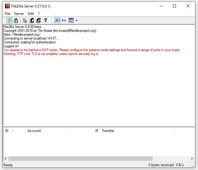 FileZilla Server admin interface with its connection log
