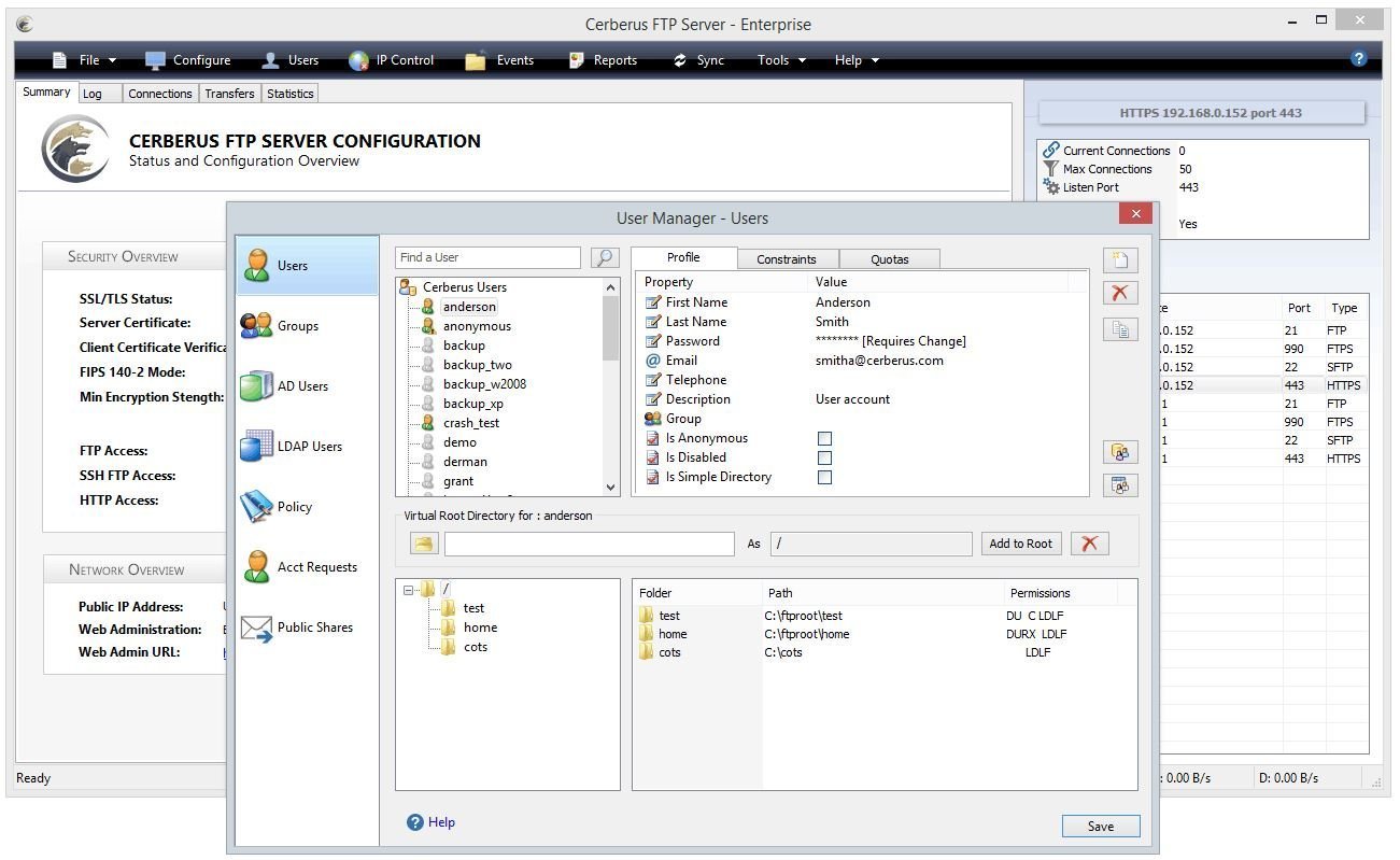 Cerberus FTP Server interface showing its protocol and security settings