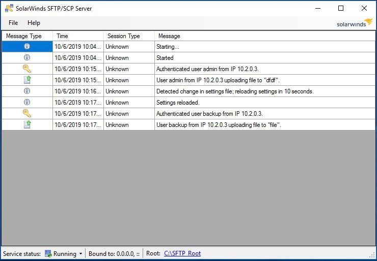 SolarWinds SFTP and SCP server console showing transfer activity