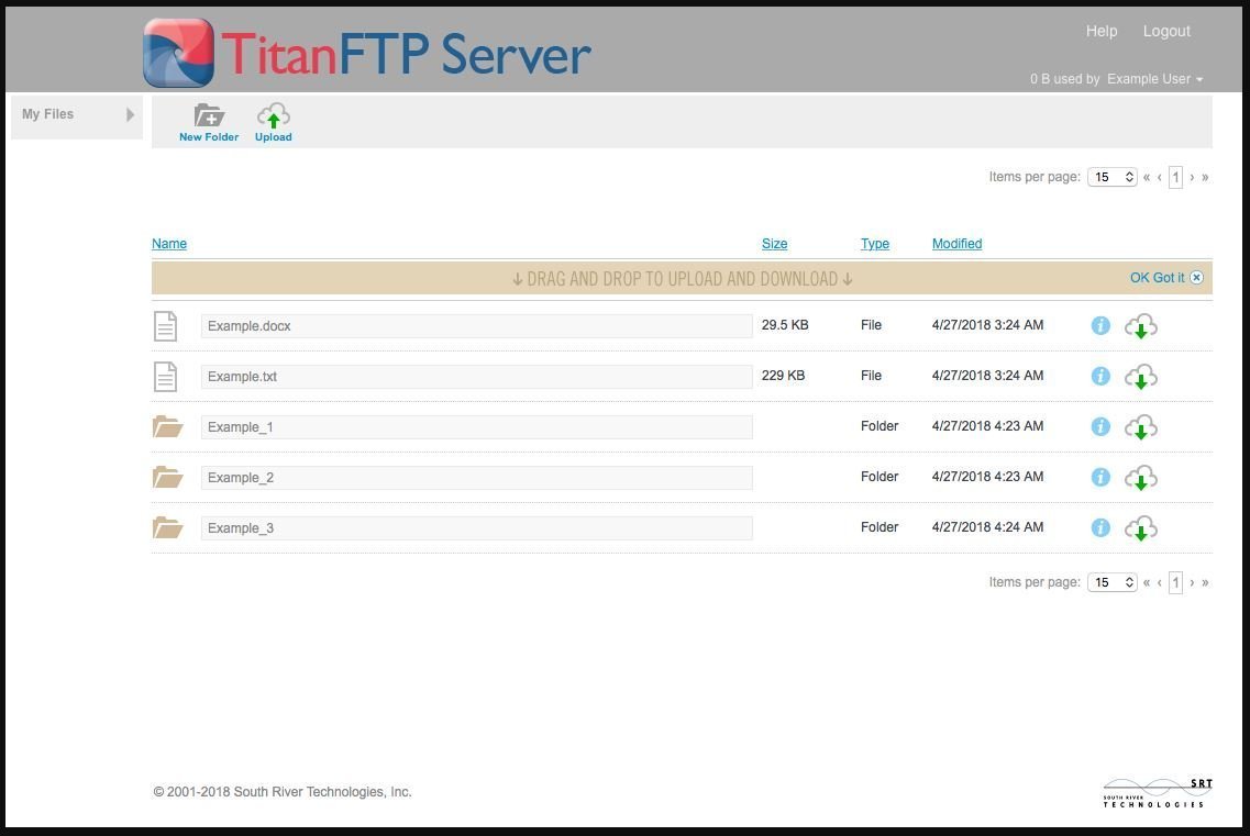 Titan FTP Server console with its server and user administration panels