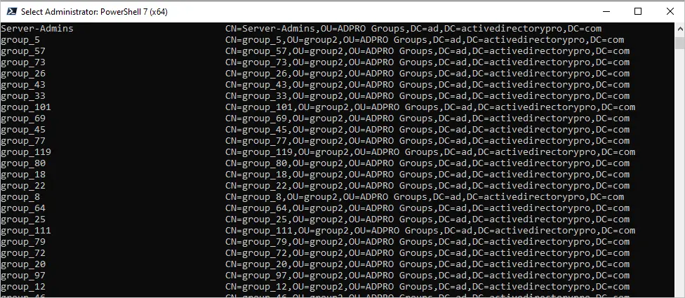 Get-ADGroup output listing the groups that have no members