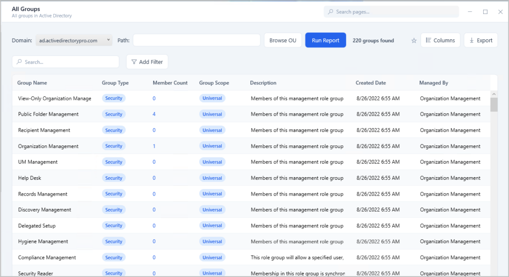 Group reporting tool listing all Active Directory groups