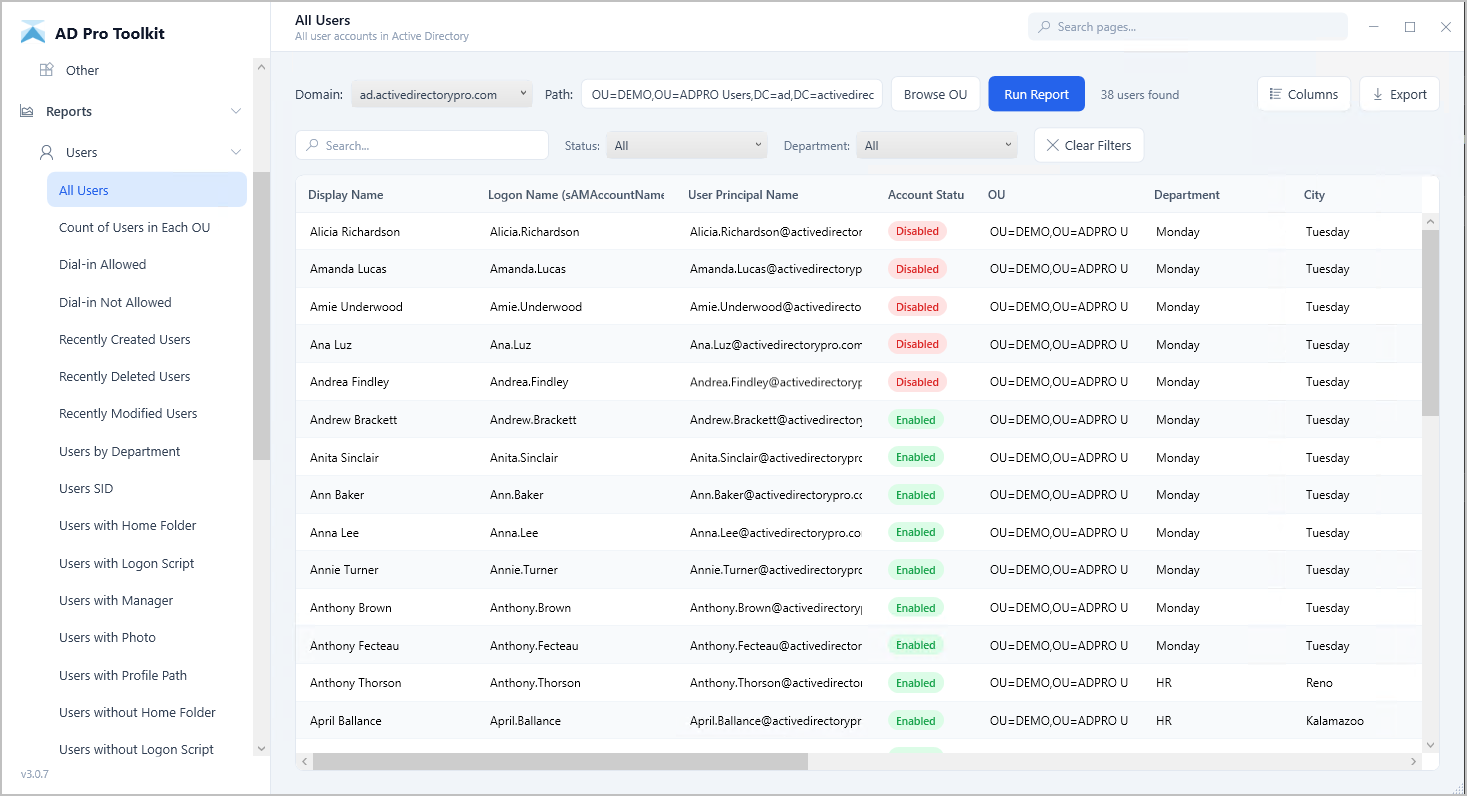 Reporting tool showing its list of built-in user reports