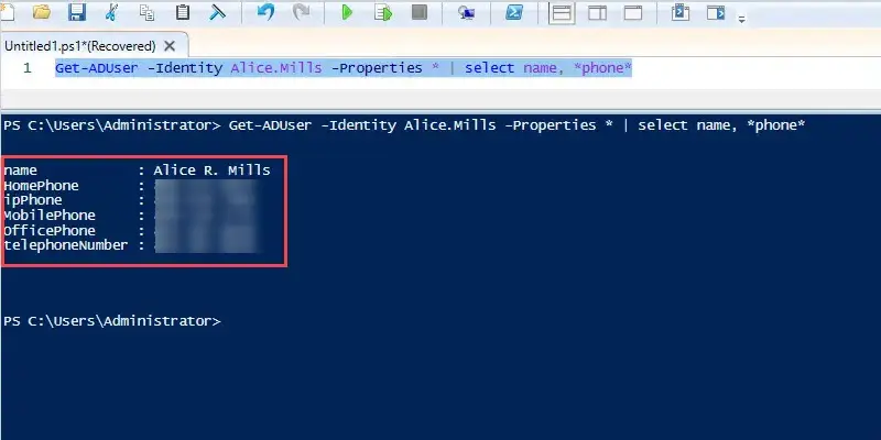 Get-ADUser output showing only the phone number properties for a user