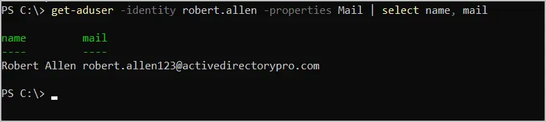 Get-ADUser returning the name and mail attribute for a single account