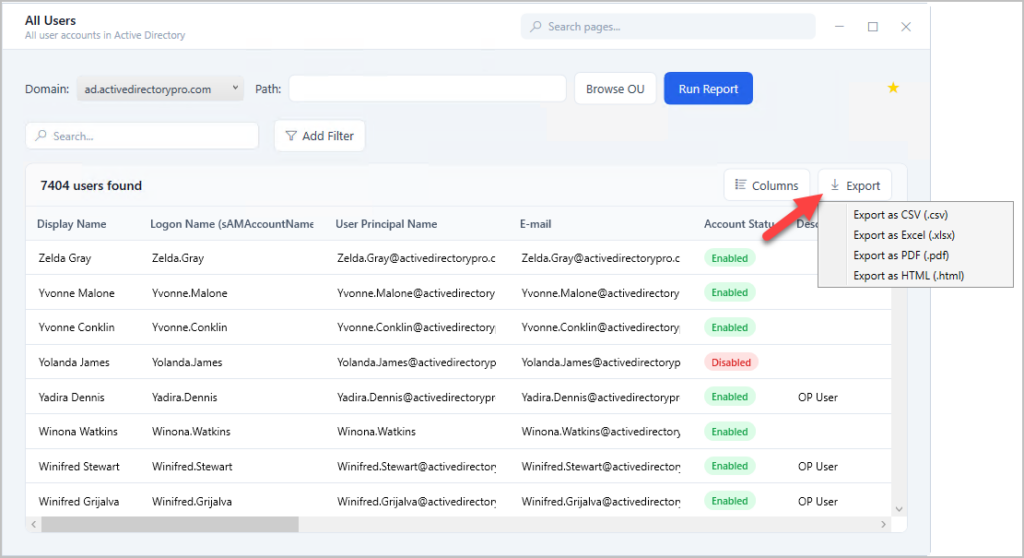 Export button and format options for the email address report