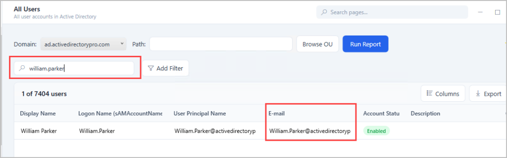 Searching the report by email address to find the matching username